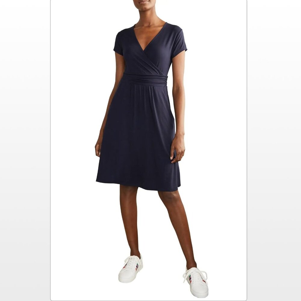 Boden Lola Draped Jersey Cotton Mock V-Neck Midi Dress Navy Blue Size US 6 UK 10